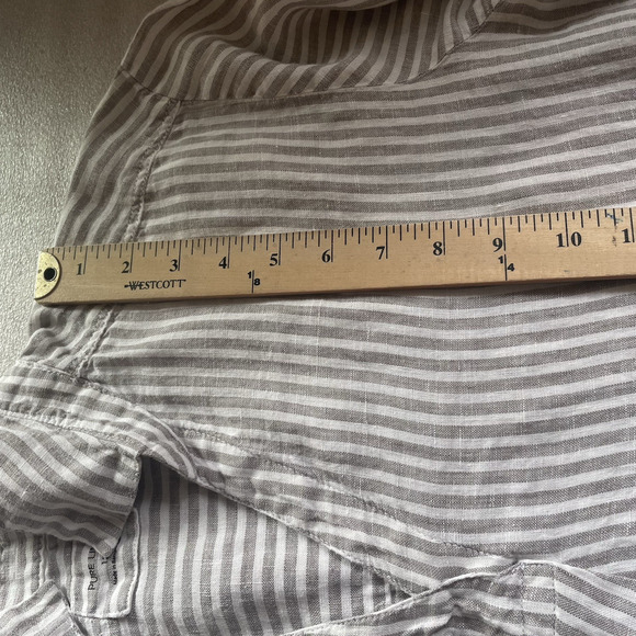 Pure Linen Shirt Women US 8 Brown White Striped Top Long Sleeve Lagenlook Blouse - Picture 9 of 14